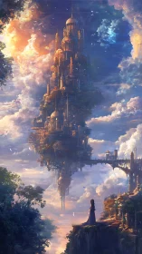 Vertical cloudborne palace and bridge with lone observer.