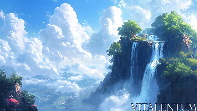 Towering cliff waterfalls under bright blue sky.