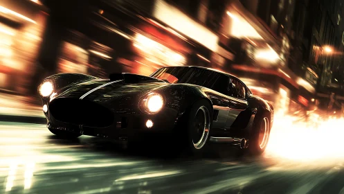 Midnight sports car powers through neon city streets at speed.