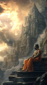 Monk in orange robes seated before towering stone temple.