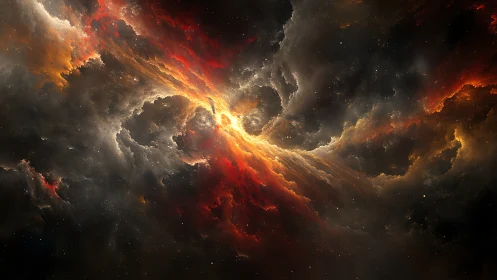 Stellar firestorm swirling through dark cosmic clouds.