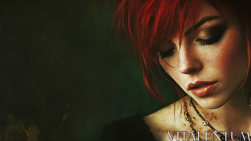 Red haired woman in close portrait with downcast gaze.