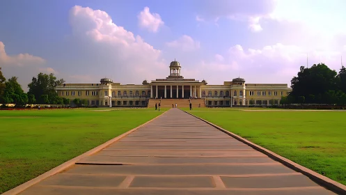 Symmetrical institutional building with central dome and lawn.