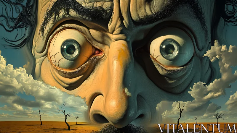 Surreal staring face over desert landscape with clouds.