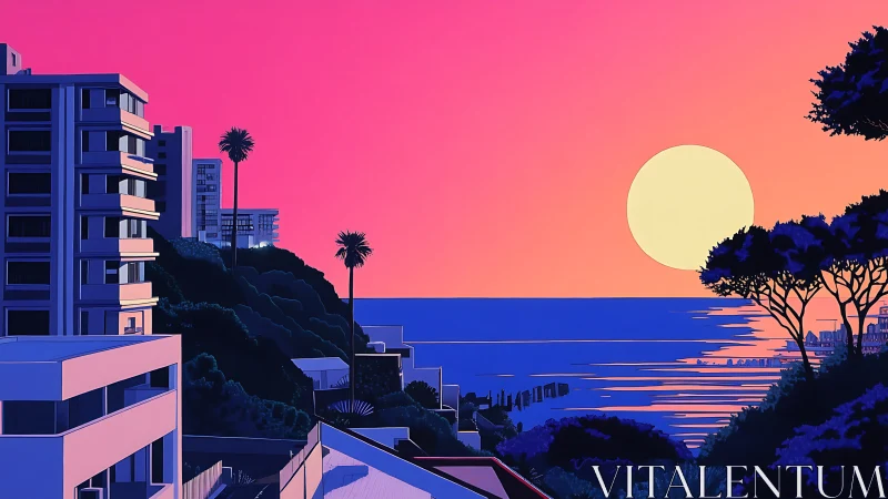 Neon gradient coastal sunset with modernist high-rise skyline
