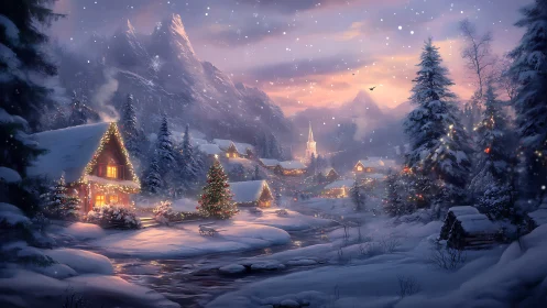 Digital painting of illuminated alpine village in winter twilight.
