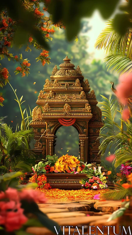 Sunlit temple shrine embraced by lush flowers and leaves.