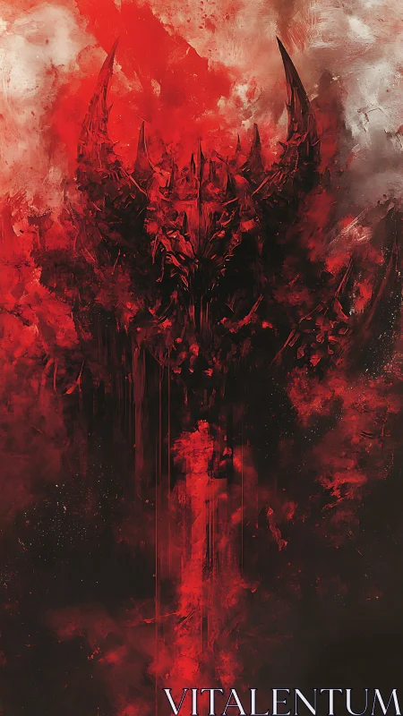 Demonic horned skull emerges from dense red smoke and shadow