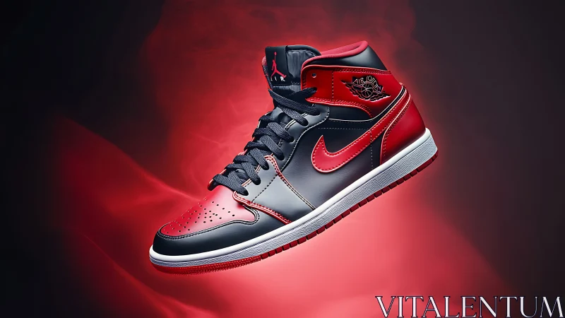 Photorealistic floating sneaker in dramatic red vapor field.
