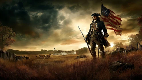 Revolutionary era soldier with US flag in stormy field