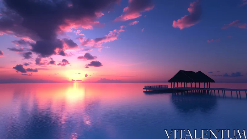 Gentle ocean sunset embracing a quiet overwater retreat.