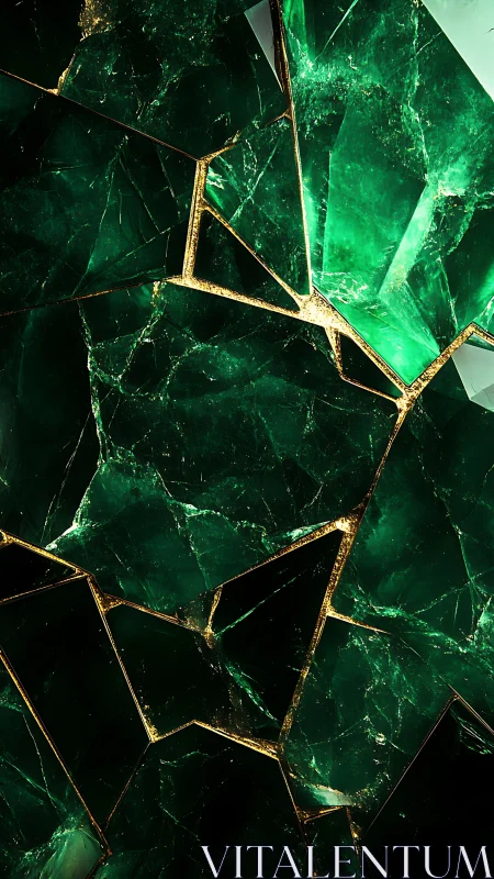 Emerald crystal shards with gold geometric fracture lines.