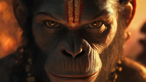 Divine simian warrior stares ahead in molten golden light.