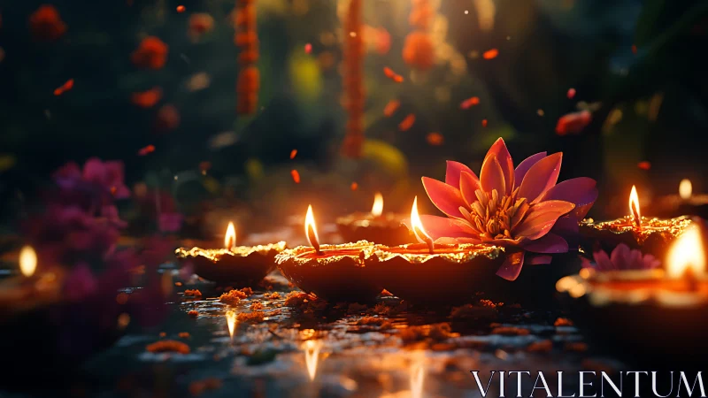 Lotus whispers and festival flames glow against velvet dusk.