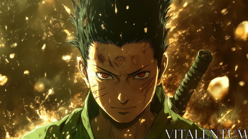 Intense anime swordsman amid glowing golden embers.