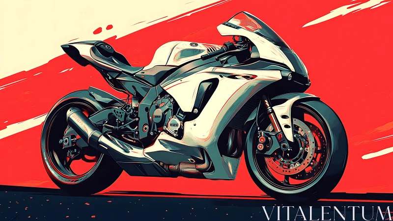 Sleek white sport bike poised against bold red energy.