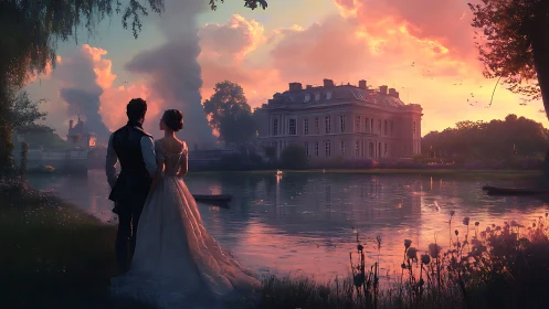 Romantic couple at sunset by palatial riverside estate.