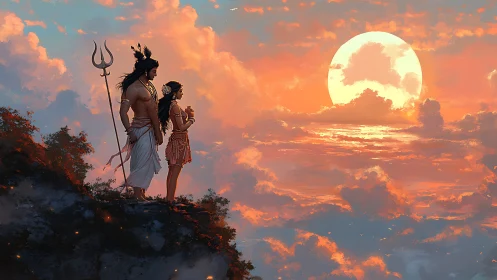 Mythic couple silhouetted on cliff against radiant sunset sky