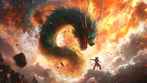 Mythic dragon confronts lone warrior amid blazing sky storm.