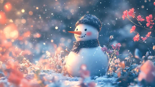 Snowy garden snowman glowing in soft winter twilight.