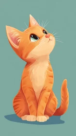 Curious Orange Tabby Cat Looking Upward Against Teal Background.