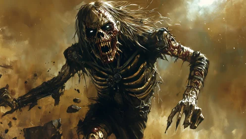 Undead skeleton warrior charges through dust and rubble