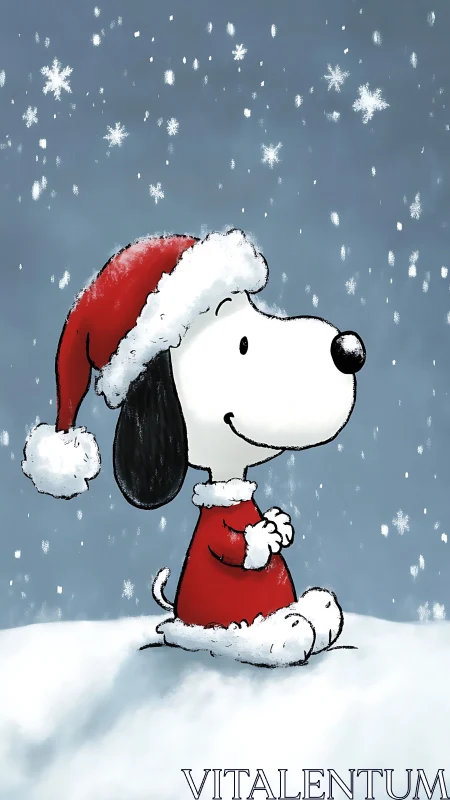 Gentle holiday pup daydreaming beneath drifting snowflakes.