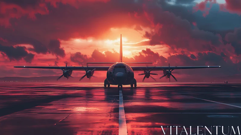 Sturdy propeller plane resting under a glowing sunset sky.