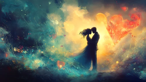 Silhouetted couple amid luminous heart symbols and nebulous atmosphere