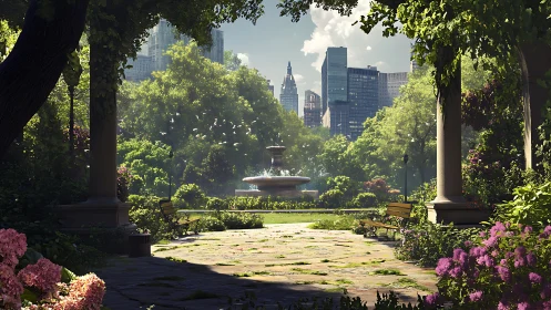 Sunlit city park frames a tranquil fountain amid towers