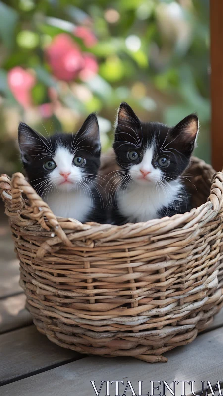 Black and White Kitten Twins in Woven Basket Surrounded by Blurred Garden