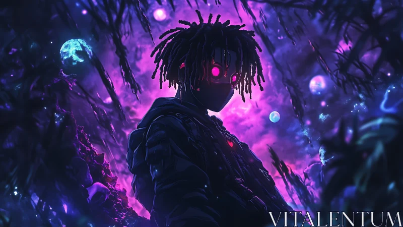 Neon-eyed cyber wanderer in bioluminescent cosmic jungle.