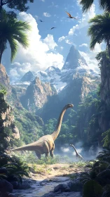 Sauropod herd crossing misty Jurassic valley at sunrise.