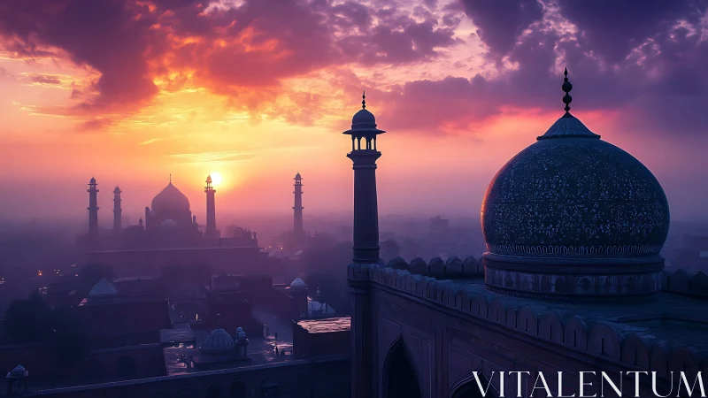 Domed mosque skyline is shown at sunrise with dense mist