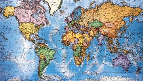 Colorful political world map highlights continents and oceans