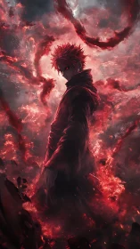 Male figure stands amid dense red energy clouds and smoke