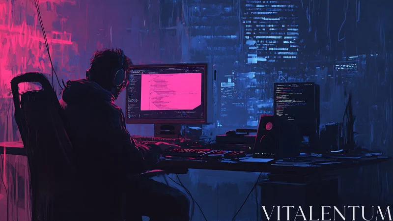 Nocturnal coder in neon-lit cyberpunk workstation scene.
