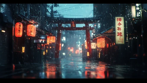 Rain-soaked Japanese alley with torii gate and lanterns at night.