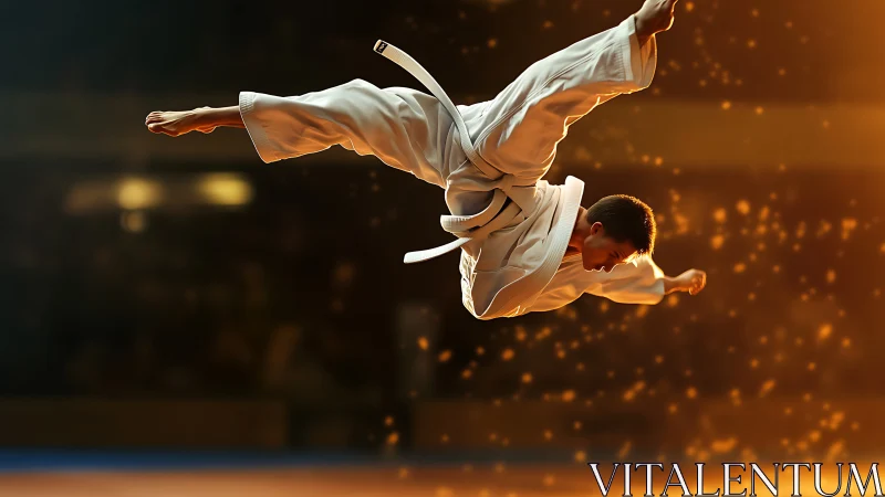 Martial artist executing airborne throw on lit arena mat.