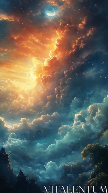 Vertical cloudscape with split warm and cool illumination.