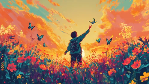 Child in wildflower field with butterflies at sunset horizon.
