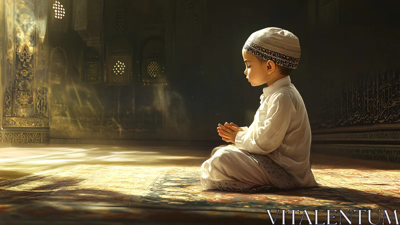 Child seated in prayer posture within ornate interior space.