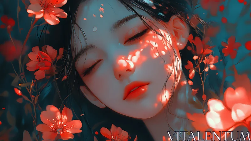 Chromatic bokeh-lit portrait of dreaming floral immersion.