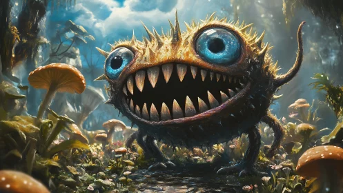 Spiky blue-eyed forest gobbler grinning through mushrooms.