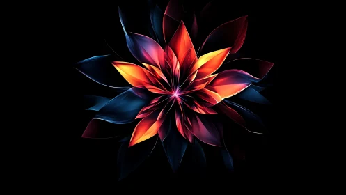 Luminous abstract flower radiates neon light on black void
