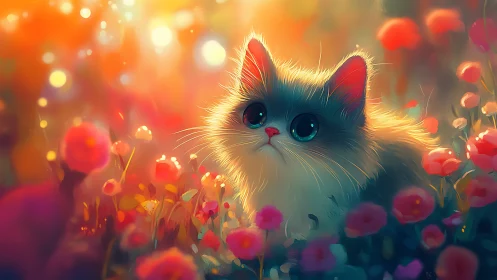 Digital illustration depicting feline subject among flowering specimens.