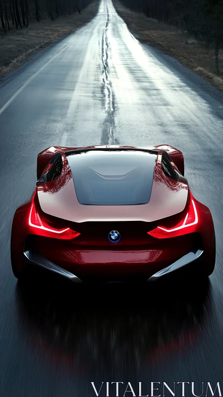 Aerodynamic red BMW concept on wet high-contrast roadway.
