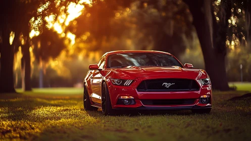 Sunlit red sports car resting in a peaceful green park.