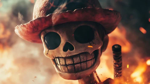 Grinning skull in a red hat smiles through swirling embers