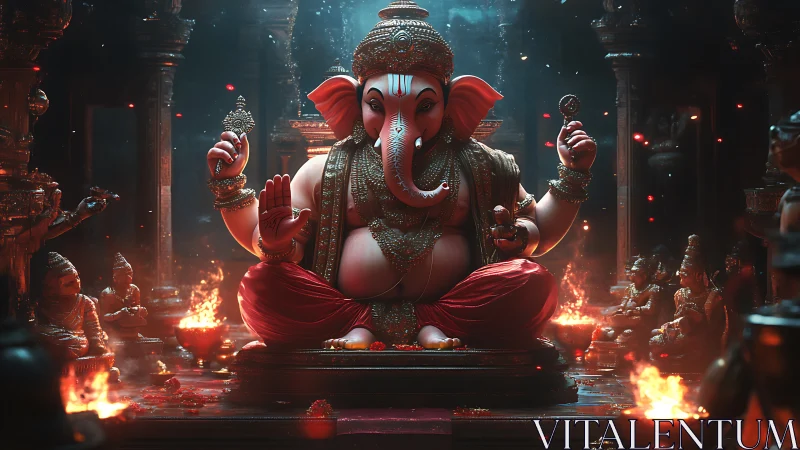 Lord Ganesha digital idol in ornate temple interior.